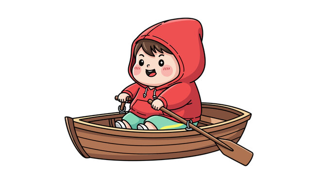 Cute Child Rowing Boat in Red Hooded Cloak.