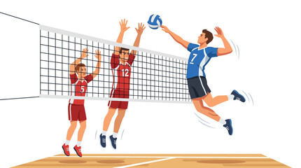 Fototapeta premium Volleyball game, athletes jumping to spike and block ball over net