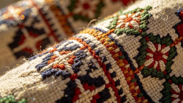 Shifting camera showing embroidered cloth at home to reveal raised seam shiny threads glinting