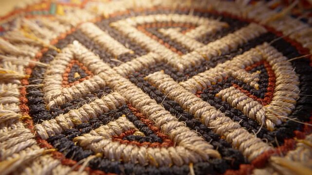 Moving camera inward as sequence starts, focusing on tabletop, revealing embroidered patch texture
