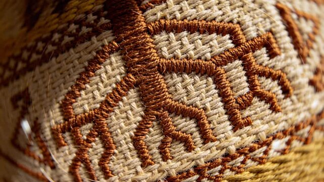 Moving lens revealing centered beige woven fabric on studio table, highlighting brown stitch detail
