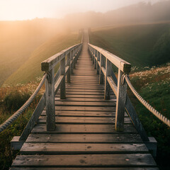 Fototapeta premium Wooden bridge, leading through green hills and misty landscape at sunrise pathway walkway stairs