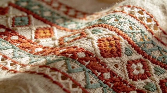 Pulling focus, camera closing in on embroidered linen revealing motif near window, showing texture