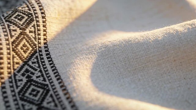 Showing woven cream textile on table with shifting warm light, revealing black embroidered trim