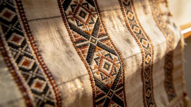 Moving sunlight across embroidered textile at window, camera focusing and revealing metallic glints