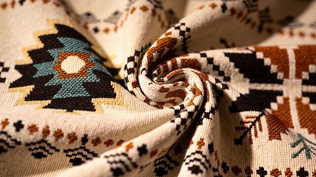 Focusing macro camera capturing patterned woven fabric in studio, revealing spiral twist texture