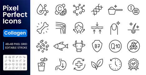 Obraz premium Collagen line icons set. Hyaluronic acid molecule, vitamin C, skin care, elasticity, knee joint, beauty flat minimal vector illustration. Simple outline pictogram. 48x48 Pixel Perfect Editable Stroke