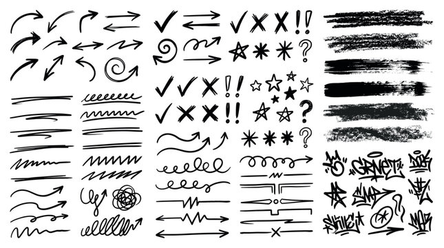 Set of vector paint brush stroke, ink splash and grungy decoration elements. Freehand grunge brush illustration.
