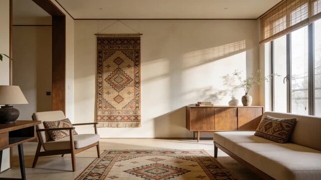 Shifting sunlight causing camera zooming in on center wall at home showing textile and sideboard