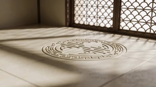 Shifting sun through lattice window tracing round medallion on tiled floor, showing carved grooves
