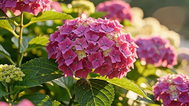 Pink hydrangea flowers blooming in a summer garden.