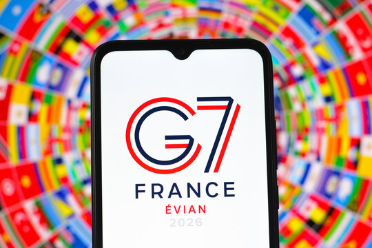 In this photo illustration, the 52nd G7 Summit &Eacute;vian logo is seen displayed on a smartphone screen.