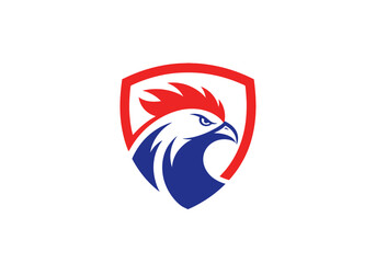 Rooster head mascot logo in red and blue shield © sri