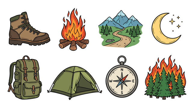 Large set of hiking equipment. Items for summer camping, trekking. Travel supplies icons for outdoor base camp. Backpack, campfire, tent, pointers, bowler hat. Isolated flat vector illustration 