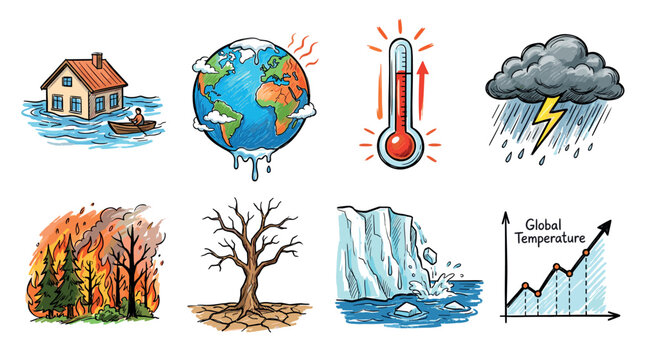 Climate change icon set. Containing global warming, greenhouse, melting ice, earth pollution and disaster icons.