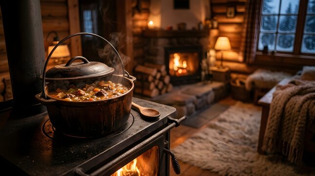 Hot rustic stew simmering in an iron pot on a wood stove inside a cozy cabin