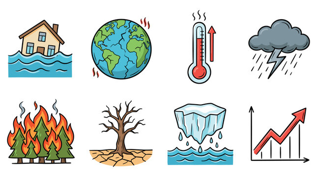 Climate change icon set. Containing global warming, greenhouse, melting ice, earth pollution and disaster icons.