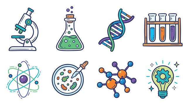 Science icon set. Containing biology, laboratory, experiment, scientist, research, physics, chemistry and more icons. Science education symbol.