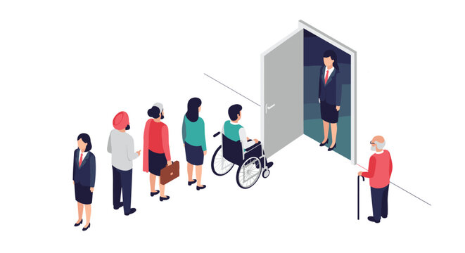 Diverse group of job candidates waits in line for an interview with a hiring manager at an office door representing employment.