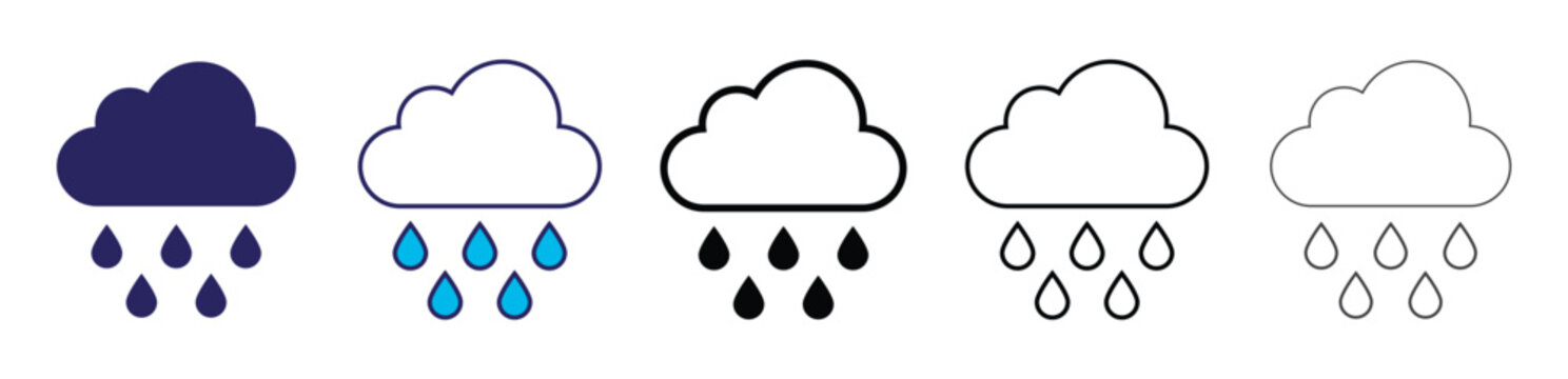 Set of rainy weather forecast with raindrops and  weather interface. clouds and rain in different design styles. vector illustration. 