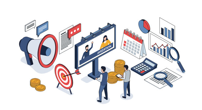 Isometric advertising and marketing campaign concept featuring megaphone billboard financial charts and professional team working together.