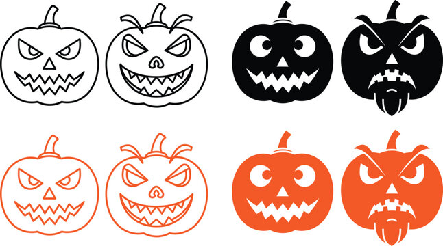 Halloween pumpkins with spooky faces in different colors and styles