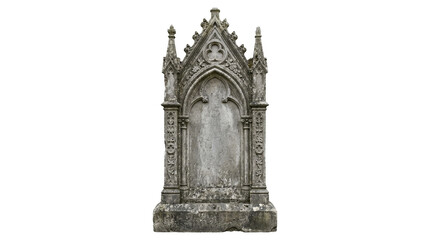 Ornate gothic tombstone with pointed arch and decorative stone carvings isolated on transparent background.