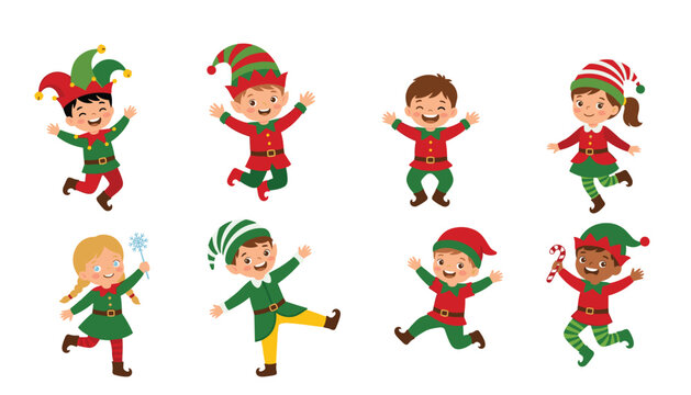 Cute Christmas elf kids group vector character creator set. Jester hat, striped socks, candy cane, snowflake wand and holiday stickers.
