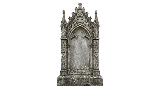 Ornate gothic tombstone with pointed arch and decorative stone carvings isolated on transparent background.