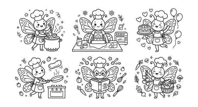 Bee chef characters with cooking utensils black and white vector illustration