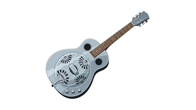 Classic Resonator Guitar Illustration featuring a metallic body and wooden neck isolated on white background, ideal for music education materials and blues festival posters.