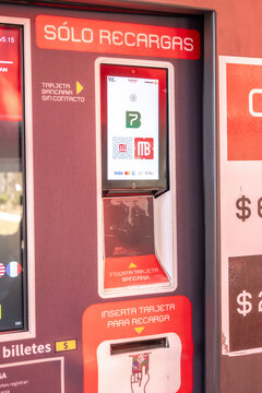 Mexico city, mexico, 02 26 2026: metrobus ticket machine accepting various payment methods in mexico city