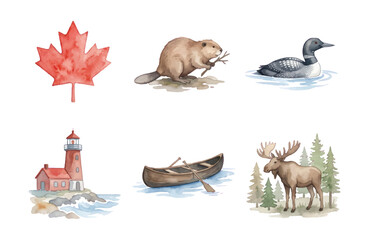 Fototapeta premium Canada watercolor icon set with maple leaf, beaver, loon, lighthouse, canoe, and moose on a white background