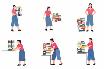 Fototapeta premium Set of flat vector illustrations featuring a female office worker or student managing heavy stacks of colorful ring binders, organizing files and documents in various professional poses