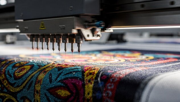 Closeup of a textile printer applying vibrant highresolution inkjet prints directly onto fabric showcasing the precision of shortrun digital designs.