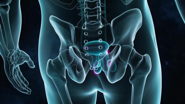 Camera shifting 3D pelvic model rotating highlighting neon bladder urethra penis testis dark render