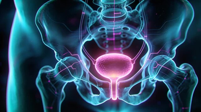 Looping pelvis showing glowing bladder lit urethra pulsing nerve traces in medical studio for study