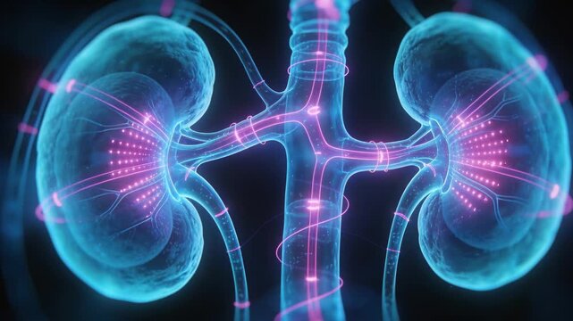 Pulsing renal anatomy sending magenta waves down central vessel into kidneys, lighting nephron dots