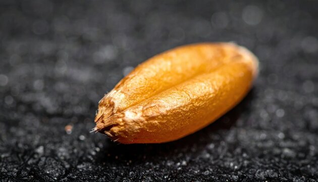 Macro closeup of single golden wheat grain on dark textured surface, agricultural harvest, organic cereal crop, healthy food ingredient