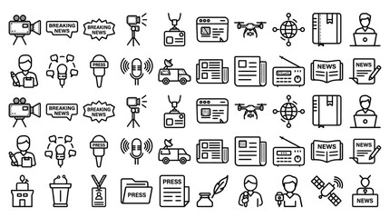 Fototapeta premium Black and white line icons set for journalism and news reporting