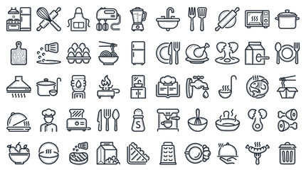 Fototapeta premium Kitchen Cooking Icons Set Line Style Black and White
