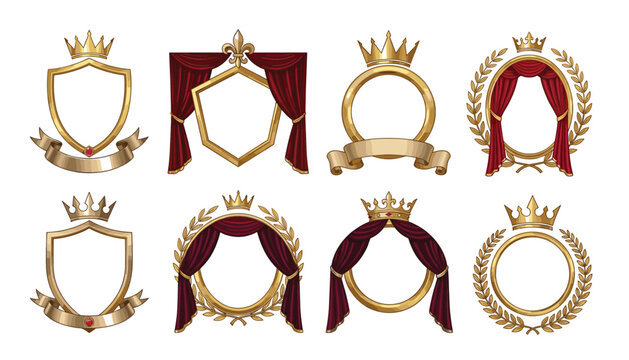 Golden royal frame badge and luxury heraldic crown vector set. Red curtains, laurel wreath, banners, shields, circles and gold borders.