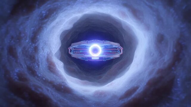 Emerging purple-blue energy sphere brightening as halo forms in space vortex, creating energy rings