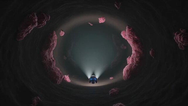 Powering, blue orb probe moving through dark tube exploring core, lights forming halo, pink masses