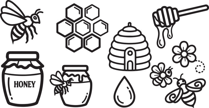 Bee collecting honey from hexagonal hive with honeycomb and flowers Vector