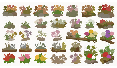 Decorative Flowers on Rocks and Wood Vector Set with Botanical Nature Arrangements © MstBrishti