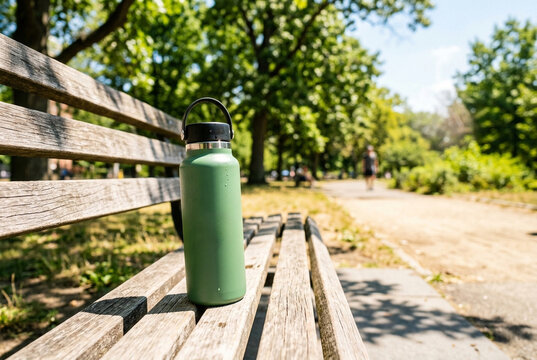 Reusable water bottle on a wooden bench in sunny green park
