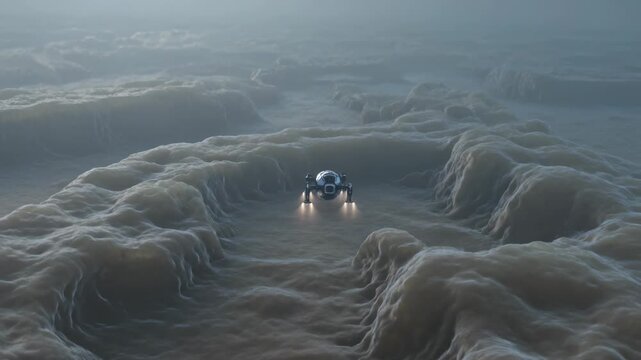 Hovering probe on autopilot firing thrusters and lights, moving through foam plain, mapping terrain