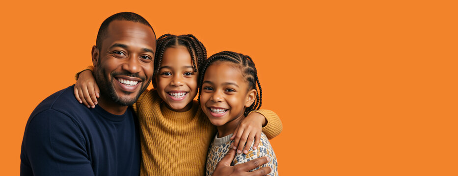 Smiling Black father embracing his two daughters. Happy African American family portrait on orange backdrop. Father's Day banner template with blank area for text