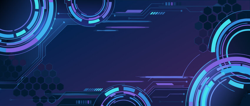 Futuristic HUD style technology overlay background panoramic vector banner illustration with digital interface elements and copy space for cyber security software and data visualization.